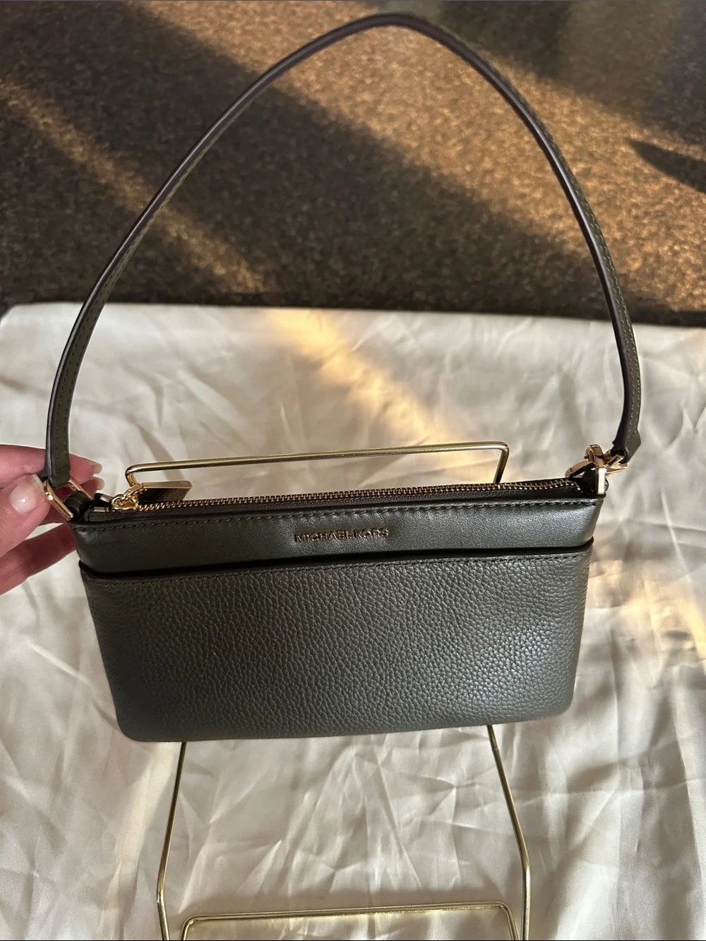 Michael Kors Large Dark Green Pebbled Leather Wristlet Clutch with Two Way Strap